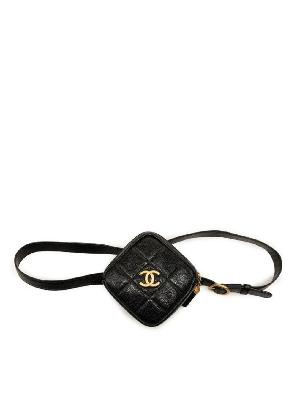 Chanel Quilted CC Logo Diamond Shape Waist Bag Black Gold Caviar Leather